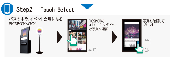 [Step2 Touch Select]バスの中や、イベント会場にあるPICSPOTへGO！＞PICSPOTのストリートビューで写真を選択＞写真を確認してプリント